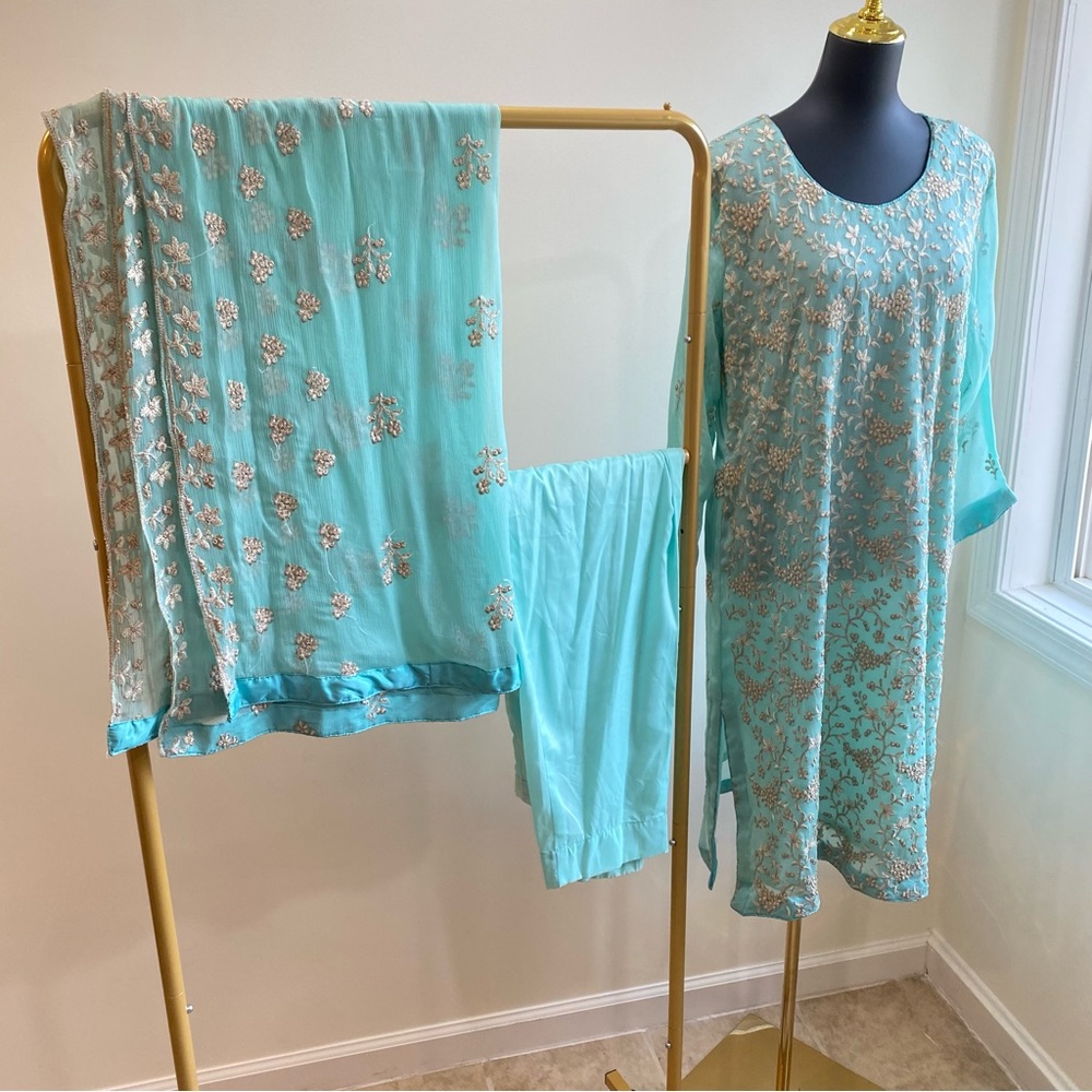 Elegant Aqua Embroidered Shalwar Kameez